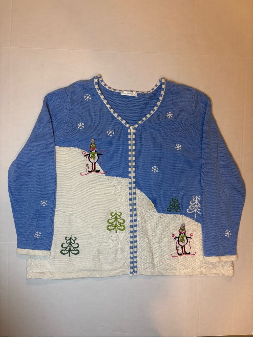 Christopher & Banks Ramie Cotton Blend Blue & White Christmas Cardigan Size L